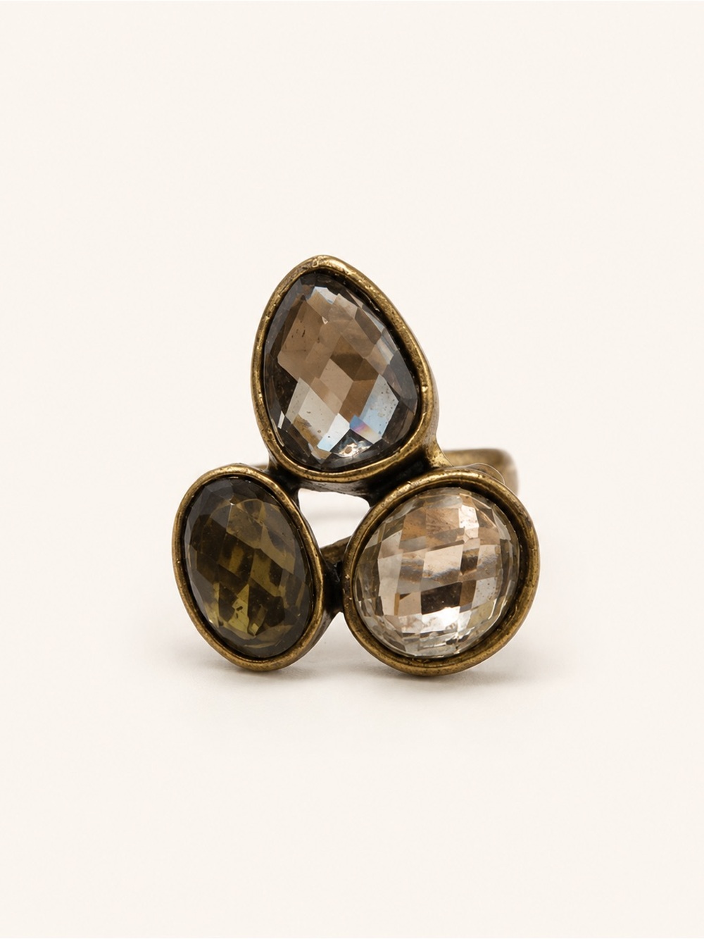 Massimo Dutti Gold Triple-Stone Ring with Smoky and Olive Ovals